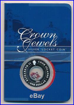 Cook Islands 2002 Crown Jewels Locket. 8oz Silver Proof Coin 1.5 Carats Stones