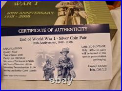 Cook Islands 2008 THE END OF WORLD WAR 1 90th Anniversary 2 OZ Silver proof set
