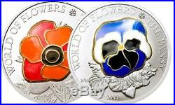 Cook Islands 2009 5$ Flowers of the World POPPY PANSY Silver Coin SET BOX COA