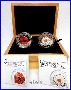 Cook Islands 2011/2009 Cloisonné Pansy &Daisy $5 Silver Proof Coin Set Boxed COA