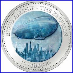 Cook Islands 2013 50$ Zeppelin Mother Of Pearl Airship Hindenburg Silver Coin