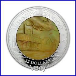 Cook Islands 2015 25$ Mississippi Steamboat Mother Of Pearl 5 Oz Silver Coin
