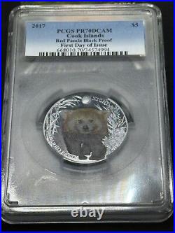 Cook Islands 2017 $5 Red Panda 1 Oz. 999 Silver Black Proof Pcgs Pr-70dcam