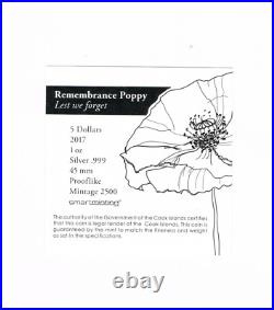Cook Islands 2017 Remembrance Poppy 1 oz $2 Prooflike 0.999 Silver 2500 Mintage