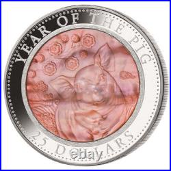 Cook Islands 2019 $25 Pure Silver Coin Year of the Pig with Mother Of Pearl De