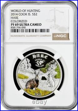 Cook Islands 2 dollars 2014, NGC PF69 UC, World of Hunting Hare silver coin