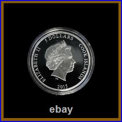 Cook Islands 5 Dollars 1 oz Silver Coin, 2015 High Relief Peacock With Box & COA
