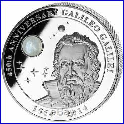 GALILEO GALILEI 450 Anniversary Moonstone 2 Oz Silver Coin 10$ Cook Island 2014