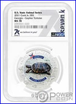 GEORGIA GOPHER TORTOISE Graded MS70 1 Oz Silver Coin 5$ Cook Islands 2021