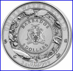 Great White Shark 3 oz Antique finish Silver Coin 5$ Barbados 2018