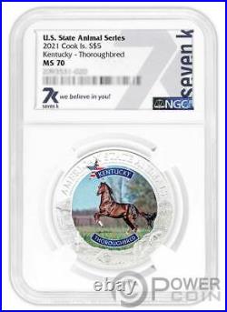 KENTUCKY THOROUGHBRED Graded MS70 1 Oz Silver Coin 5$ Cook Islands 2021