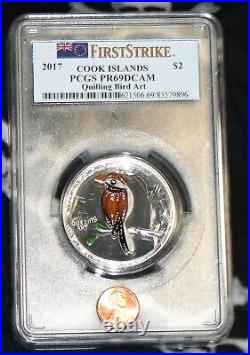 Large Silver 3-D Coin 2017 Proof Quilling Art Bird PCGS PR69DCAM Box & C of A