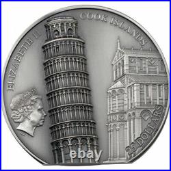 Leaning Tower of Pisa 5 oz Antique finish Silver Coin 25$ Cook Islands 2022