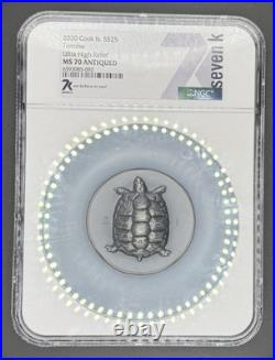 MAKE OFFER? Cook Islands 2020 $25 Tortoise UHR Antiqued 5oz. 9999 Silver MS70