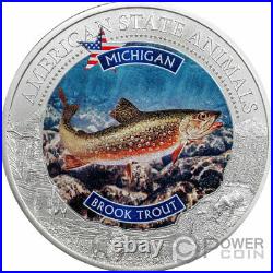 MICHIGAN BROOK TROUT MS70 US State Animal 1 Oz Silver Coin 5$ Cook Islands 2021