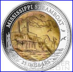 MISSISSIPPI STEAMBOAT Mother Of Pearl 5 Oz Silver Coin 25$ Cook Islands 2015