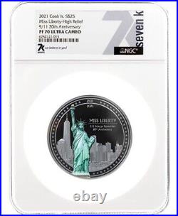 MISS LIBERTY PF70 20th Anniv 9/11 By MS 5 Oz Silver Coin 25$ Cook Islands 2021