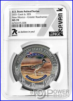 NEW MEXICO GREATER ROADRUNNER MS70 1 Oz Silver Coin 5$ Cook Islands 2021