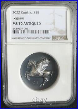 NGC MS70 Cook Islands 2022 Pegasus Antiqued Silver Coin 1oz COA