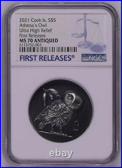 NGC MS70 FR Cook Islands 2021 Athena's Owl Ultra High Relief Silver Coin 1oz COA