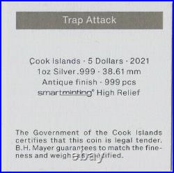 NGC MS70 FR Cook Islands 2021 Trap Attack High Relief Silver Coin 1oz COA