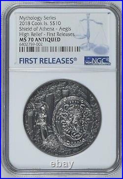 NGC MS70 FR Shield of Athena Silver Coin 2oz -Mythology Aegis, Cook Islands 2018
