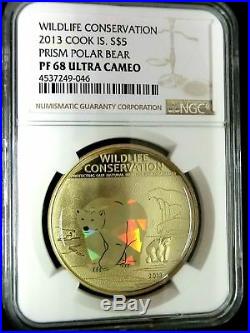 NGC PF68 Cook Island 2013 Prism Polar Bear $5 Super. 999 Silver Coin POP 1