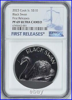 NGC PF69 FR 2023 Cook Islands Black Swan 2oz Silver Black Proof Coin P0P14