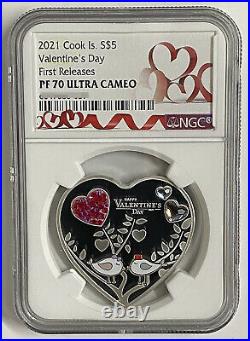 NGC PF70 2021 Cook Islands 5 dollars Valentine’s Day Heart shaped silver coin