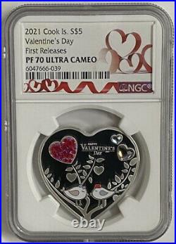 NGC PF70 Cook Islands 2021 Valentine's Day Heart-shaped Silver Coin 20g COA