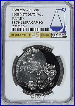 NGC PF70 Cook Islands Pultusk Meteorite 2008 $5 Silver Coin