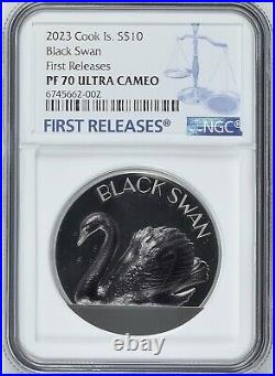 NGC PF70 FR 2023 Cook Islands Black Swan 2oz Silver Black Proof Coin P0P7