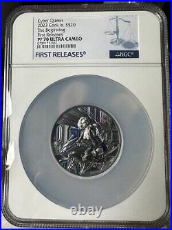 NGC PF70 FR 2023 Cook Islands Cyber Queen The Beginning 3oz Silver Black Coin