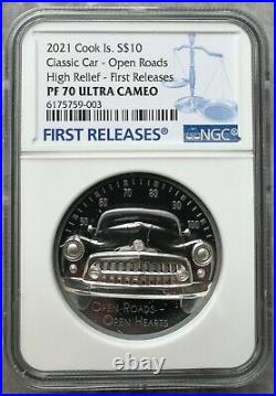 NGC PF70 FR Cook Islands 2021 Classic Car Open Roads High Relief Silver Coin 2oz