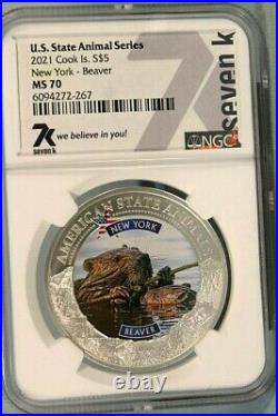 New York Beaver Ms70 1 Oz. 999 Silver 2021 Ngc 7k Us State Animal Series Coin