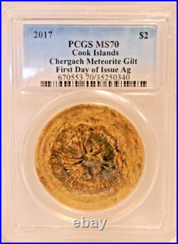 PCGS MS70 Cook Island 2017 Chergach Meteorite Gilt Silver Coin 1/2oz COA