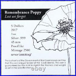 PCGS PL70 2017 Cook Islands 1oz Solid Silver Coin Remembrance Poppy (FDI)