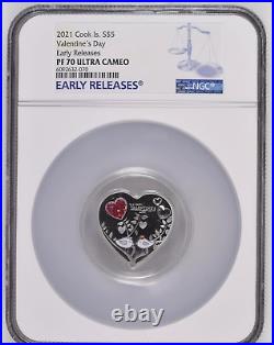 PF70 NGC 2021 COOK ISLAND HAPPY VALENTINE'S DAY 20g SILVER PROOF COIN EARLY RELE