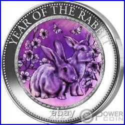 RABBIT Mother of Pearl Lunar Year 5 Oz Silver Coin 25$ Cook Islands 2023