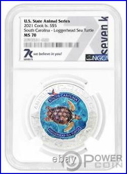 SOUTH CAROLINA SEA TURTLE Graded MS70 1 Oz Silver Coin 5$ Cook Islands 2021