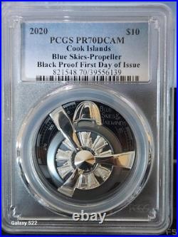 Silver Blue Skies-Propeller 2020 $10 Cook Islands 2oz PCGS Black PR70DCAM FDOI