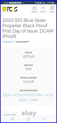 Silver Blue Skies-Propeller 2020 $10 Cook Islands 2oz PCGS Black PR70DCAM FDOI