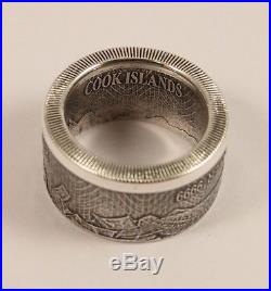 Silver Coin Ring. Cook Islands. 1 Dollar. (Captain James Cook) Free Resize