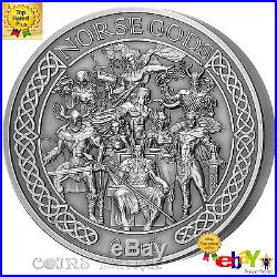 THE NORSE GODS 5 oz High Relief Antiqued Silver Coin Cook Islands 2016 Free Bee