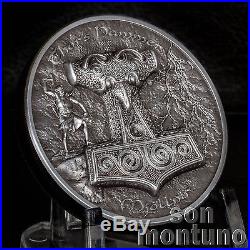 THORS HAMMER 2 oz Ultra High Relief Antique Finish Silver Coin 2017 Cook Islands