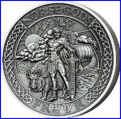 The Norse Gods Freyr 2 oz Antique finish Silver Coin Cook Islands