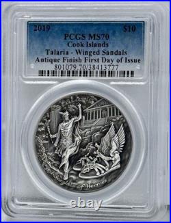 Winged Sandals Hermes Talaria 2019 2 Oz Silver $10 Cook Islands PCGS MS 70 FDOI