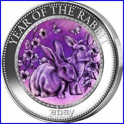 Year of the Rabbit Mother of Pearl 5 oz Proof Silver Coin 25$ Cook Islands 2023