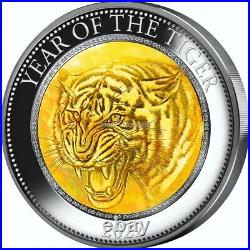 Year of the Tiger 5 oz silver coin with Mother of Pearl Cook Islands 2022